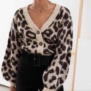 & other Stories leopard puff sleeve wool alpaca cropped button down cardigan S
